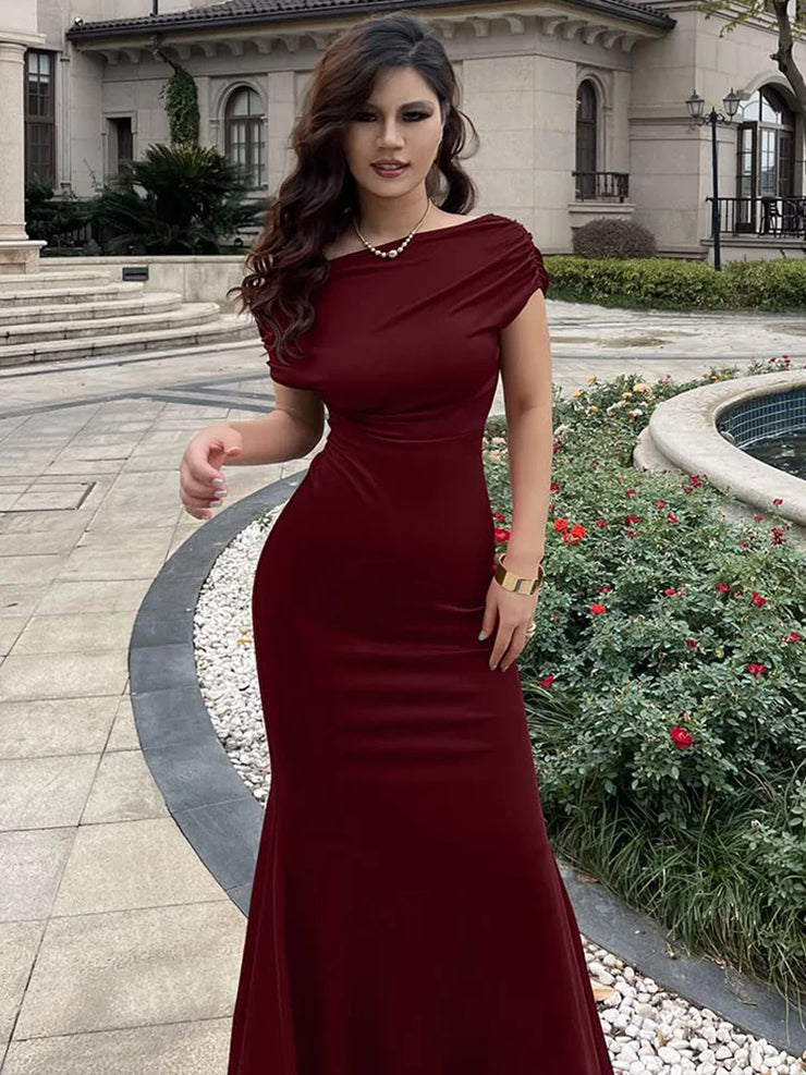 Damen Schrägschulter Plissee Abendkleid