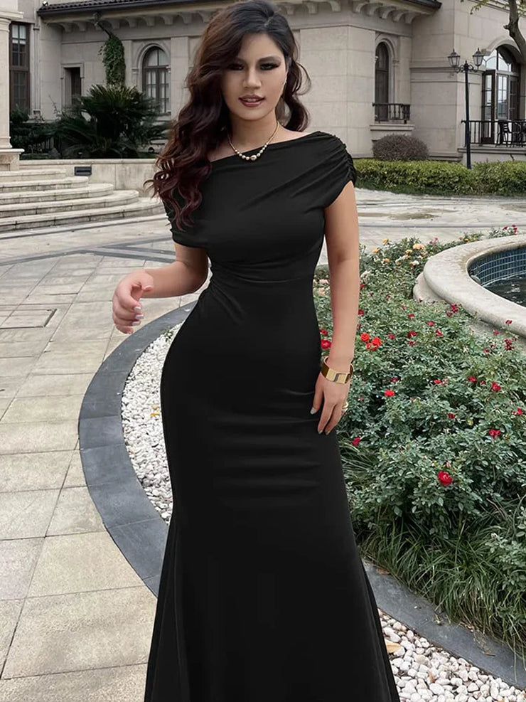 Damen Schrägschulter Plissee Abendkleid