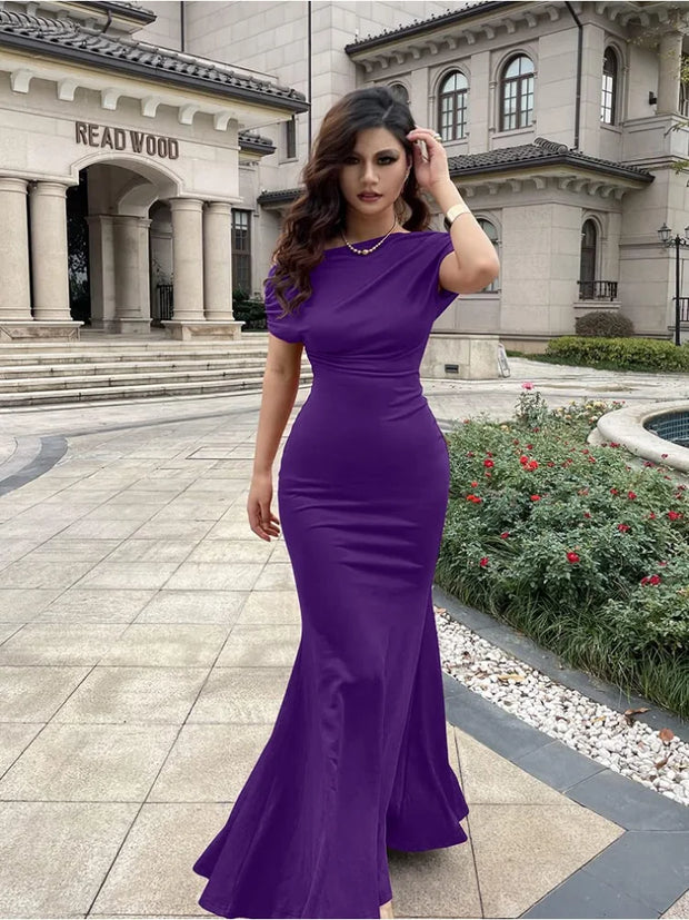 Damen Schrägschulter Plissee Abendkleid