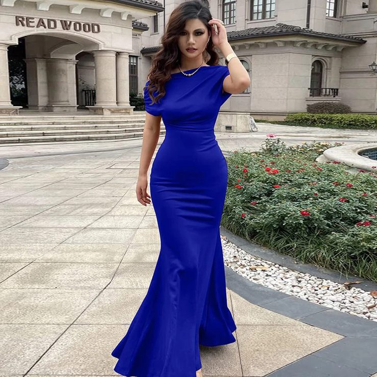 Damen Schrägschulter Plissee Abendkleid
